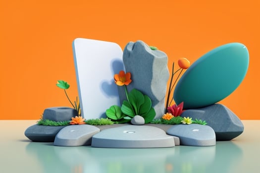 AI generated 3D display podium stone with flowers, green leaves, and rock for Presentation of the product. Pro Photo