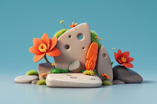 AI generated 3D display podium stone with flowers, green leaves, and rock for Presentation of the product. Pro Photo