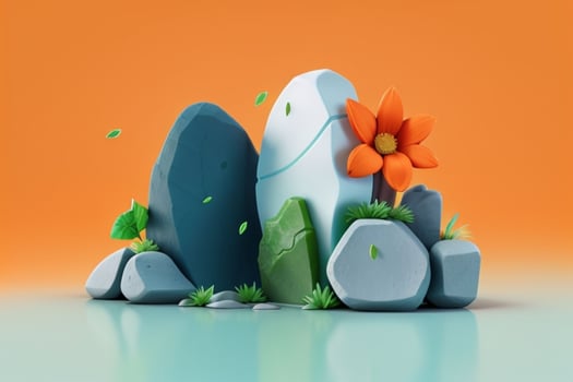 AI generated 3D display podium stone with flowers, green leaves, and rock for Presentation of the product. Pro Photo