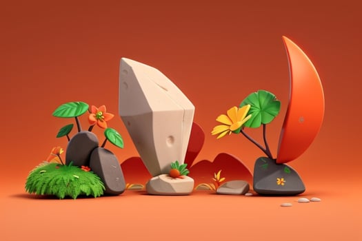 AI generated 3D display podium stone with flowers, green leaves, and rock for Presentation of the product. Pro Photo