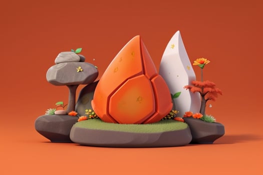 AI generated 3D display podium stone with flowers, green leaves, and rock for Presentation of the product. Pro Photo