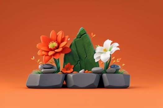 AI generated 3D display podium stone with flowers, green leaves, and rock for Presentation of the product. Pro Photo