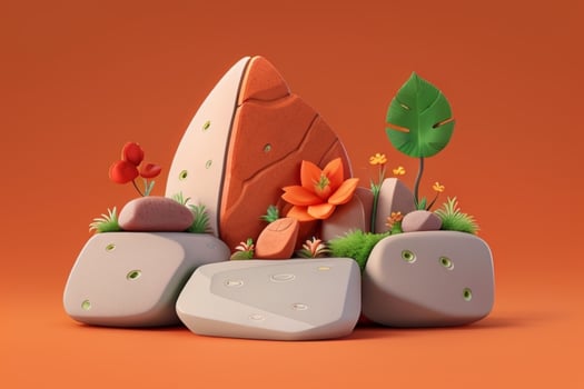 AI generated 3D display podium stone with flowers, green leaves, and rock for Presentation of the product. Pro Photo