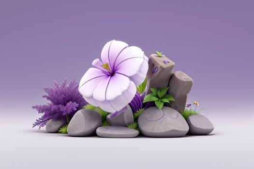 AI generated 3D display podium stone with flowers, green leaves, and rock for Presentation of the product. Pro Photo