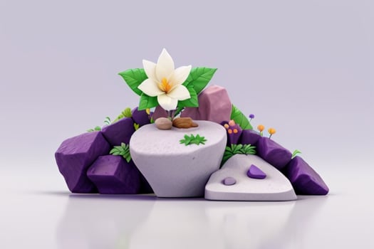 AI generated 3D display podium stone with flowers, green leaves, and rock for Presentation of the product. Pro Photo