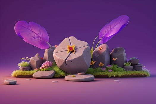 AI generated 3D display podium stone with flowers, green leaves, and rock for Presentation of the product. Pro Photo