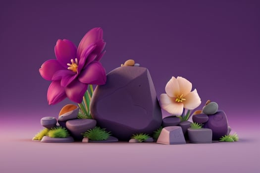 AI generated 3D display podium stone with flowers, green leaves, and rock for Presentation of the product. Pro Photo