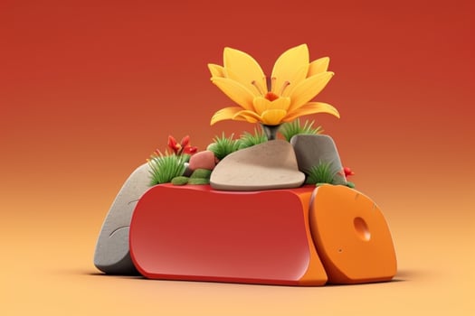 AI generated 3D display podium stone with flowers, green leaves, and rock for Presentation of the product. Pro Photo