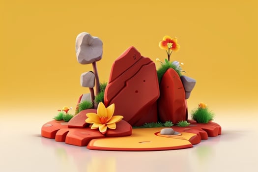 AI generated 3D display podium stone with flowers, green leaves, and rock for Presentation of the product. Pro Photo