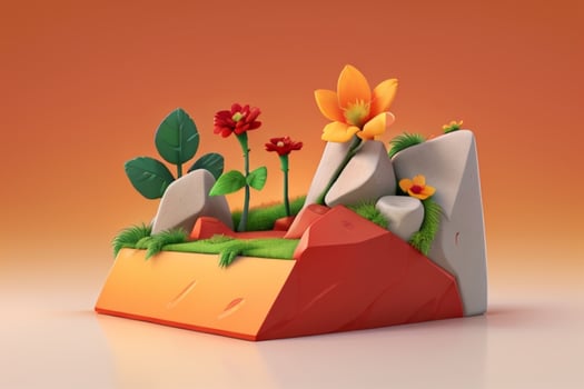 AI generated 3D display podium stone with flowers, green leaves, and rock for Presentation of the product. Pro Photo