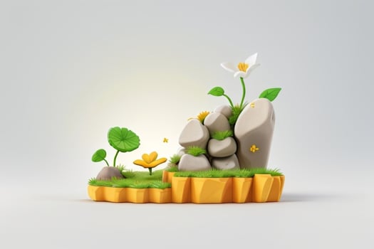 AI generated 3D display podium stone with flowers, green leaves, and rock for Presentation of the product. Pro Photo