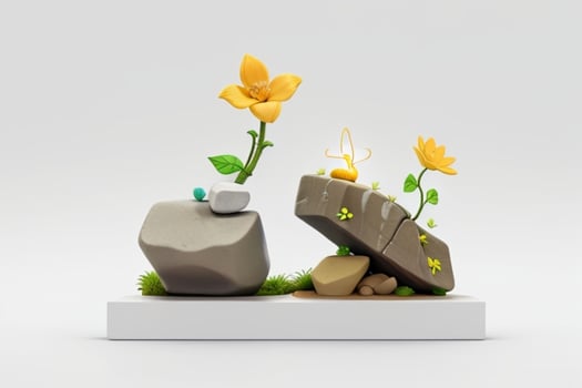 AI generated 3D display podium stone with flowers, green leaves, and rock for Presentation of the product. Pro Photo