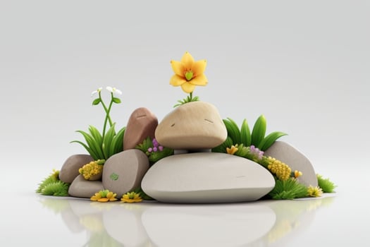 AI generated 3D display podium stone with flowers, green leaves, and rock for Presentation of the product. Pro Photo