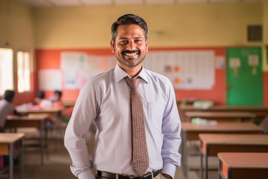 AI generated An Indian male teacher smiling in the classroom photo