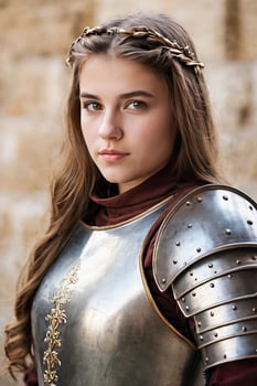 AI generated a young woman in medieval armor standing in front of a castle photo