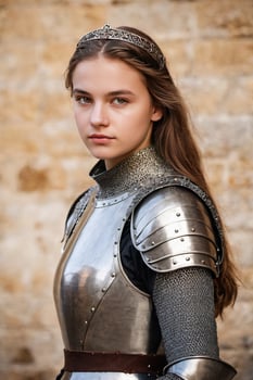 AI generated a young woman in medieval armor standing in front of a castle photo
