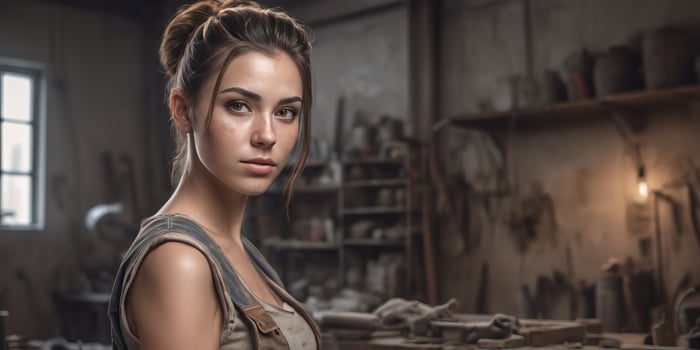 AI generated a beautiful sexy woman in overalls standing in a workshop photo