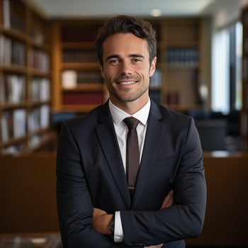 AI generated Photo of handsome happy man against a library bookshelf background. Lawyer, manager, businessman concept. Successful manin a suit, office workplace