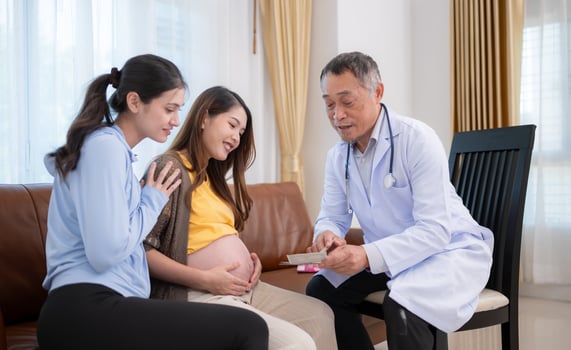 Asian pregnant woman and her friend visit gynecologist doctor at medical clinic for pregnancy consultant. The doctor explains the results of the health examination of the baby and mother. photo