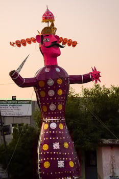 Ravnans being ignited during Dussera festival at ramleela ground in Delhi, India, Big statue of Ravana to get fire during the Fair of Dussera to celebrate the victory of truth by Lord Rama photo