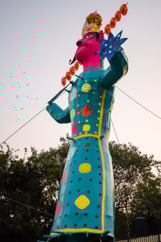 Ravnans being ignited during Dussera festival at ramleela ground in Delhi, India, Big statue of Ravana to get fire during the Fair of Dussera to celebrate the victory of truth by Lord Rama photo