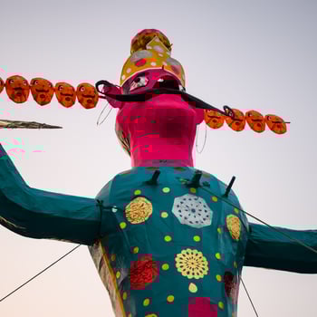 Ravnans being ignited during Dussera festival at ramleela ground in Delhi, India, Big statue of Ravana to get fire during the Fair of Dussera to celebrate the victory of truth by Lord Rama photo