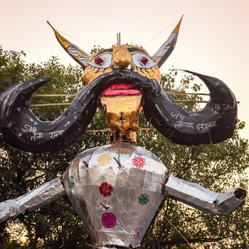 Ravnans being ignited during Dussera festival at ramleela ground in Delhi, India, Big statue of Ravana to get fire during the Fair of Dussera to celebrate the victory of truth by Lord Rama photo