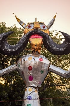 Ravnans being ignited during Dussera festival at ramleela ground in Delhi, India, Big statue of Ravana to get fire during the Fair of Dussera to celebrate the victory of truth by Lord Rama photo