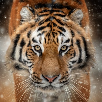 Closeup Adult Tiger portrait in cold time. Tiger snow in wild winter nature photo