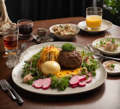 AI generated Beef tenderloin with mashed potatoes, salad, radish and sauce photo