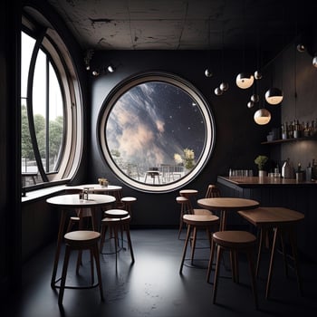 AI generated Interior of a modern bar with black walls, concrete floor, round wooden tables and round chairs. generative ai photo