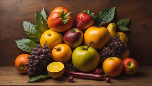 AI generated Fruits and vegetables on a wooden background. Healthy food concept. generative ai photo