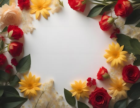 AI generated Flowers composition. Frame made of red, yellow and white roses on white background. Flat lay, top view, copy space. generative ai photo