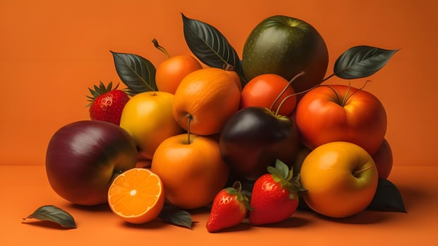 AI generated Fresh fruits on orange background. Healthy eating and dieting concept. generative ai photo