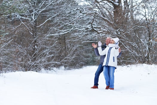 Happy senior couple at snowy winter park photo