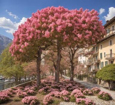 AI generated Flowering trees on the waterfront of Lake Como, Italy photo