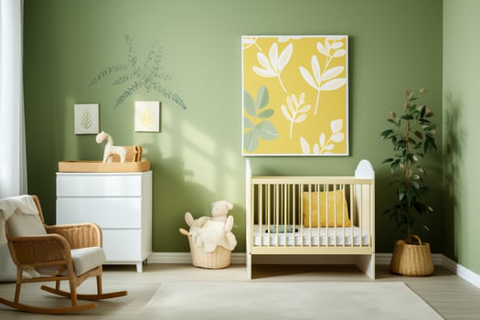 AI generated Nature's Nest Simple Elegance in Baby's Room with Nature Wallpaper photo