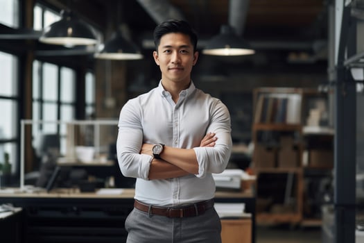 AI generated Attractive manager asian businessman CEO confident standing in front of modern office photo