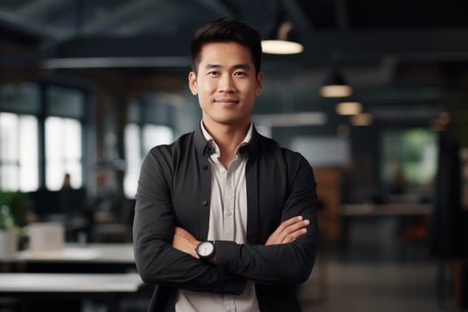 AI generated Attractive manager asian businessman CEO confident standing in front of modern office photo