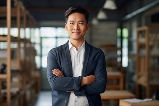 AI generated Attractive manager asian businessman CEO confident standing in front of modern office photo