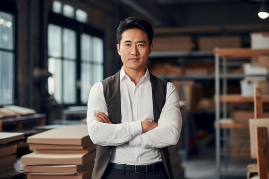 AI generated Attractive manager asian businessman CEO confident standing in front of modern office photo
