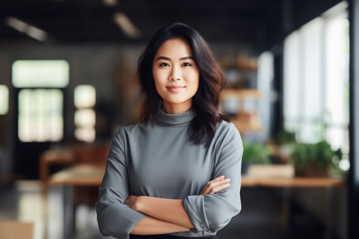 AI generated Attractive manager asian businesswoman CEO confident standing in front of modern office photo