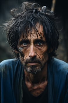 AI generated A poor man with black beard and hair. Generative AI photo