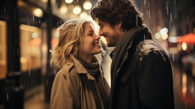 AI generated The couple spending a happy moment under the snowfall. Generative AI photo