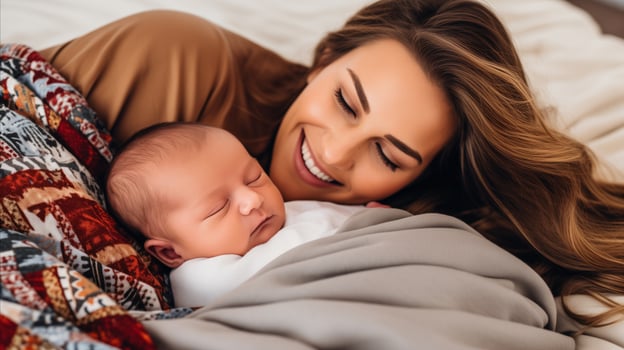AI generated A woman joyfully cradles her newborn baby, radiating happiness and love in her smile. Generative AI photo