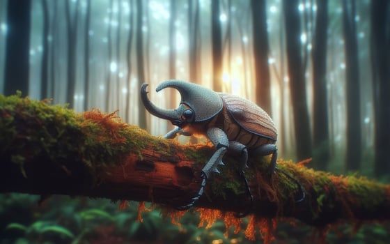 AI generated Elephant beetle. The beetle clings to a branch in the forest. blurry forest background photo