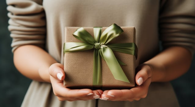 AI generated a brown gift box with a green bow in hands photo