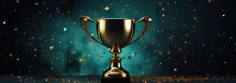 AI generated a golden trophy on a dark background with confetti photo