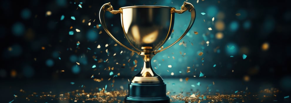 AI generated a golden trophy on a dark background with confetti photo