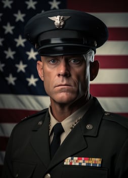 AI generated a man in military fashion in front of an american flag photo